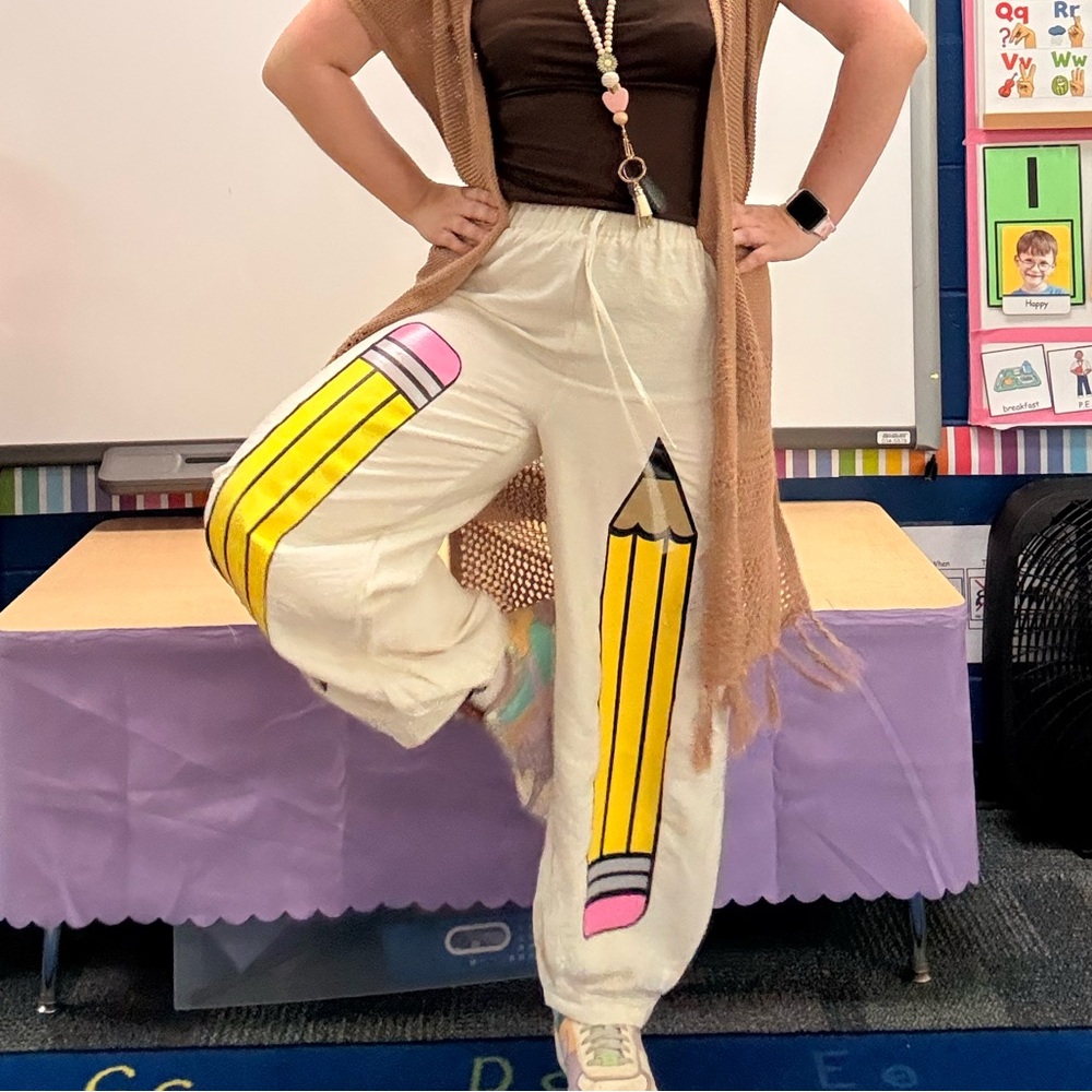 Upcycled Cream Pencil Print Pants - adult medium